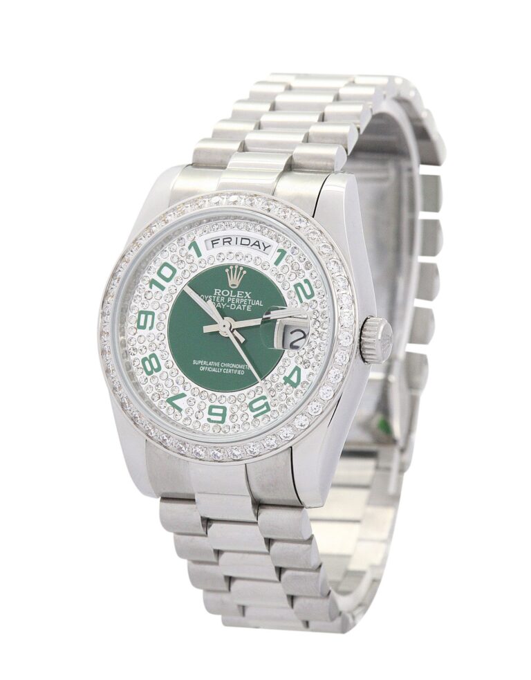 Replica Rolex Day-Date Green and Silver with Diamonds Dial 118346 Perspective View