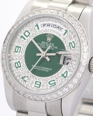 Replica Rolex Day-Date Green and Silver with Diamonds Dial 118346 Close-Up Focus