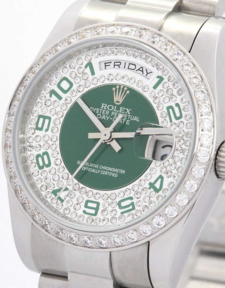 Replica Rolex Day-Date Green and Silver with Diamonds Dial 118346 Close-Up Focus