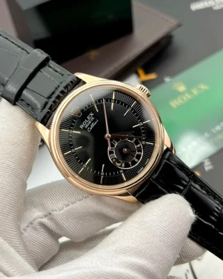 Replica Rolex Cellini Black Dial Gold Case Black Leather Strap