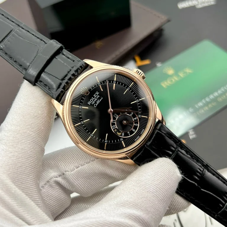 Replica Rolex Cellini Black Dial Gold Case Black Leather Strap
