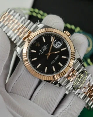 Replica Rolex Datejust Black Dial fluted Bezel Two Tone Jubilee Bracelet