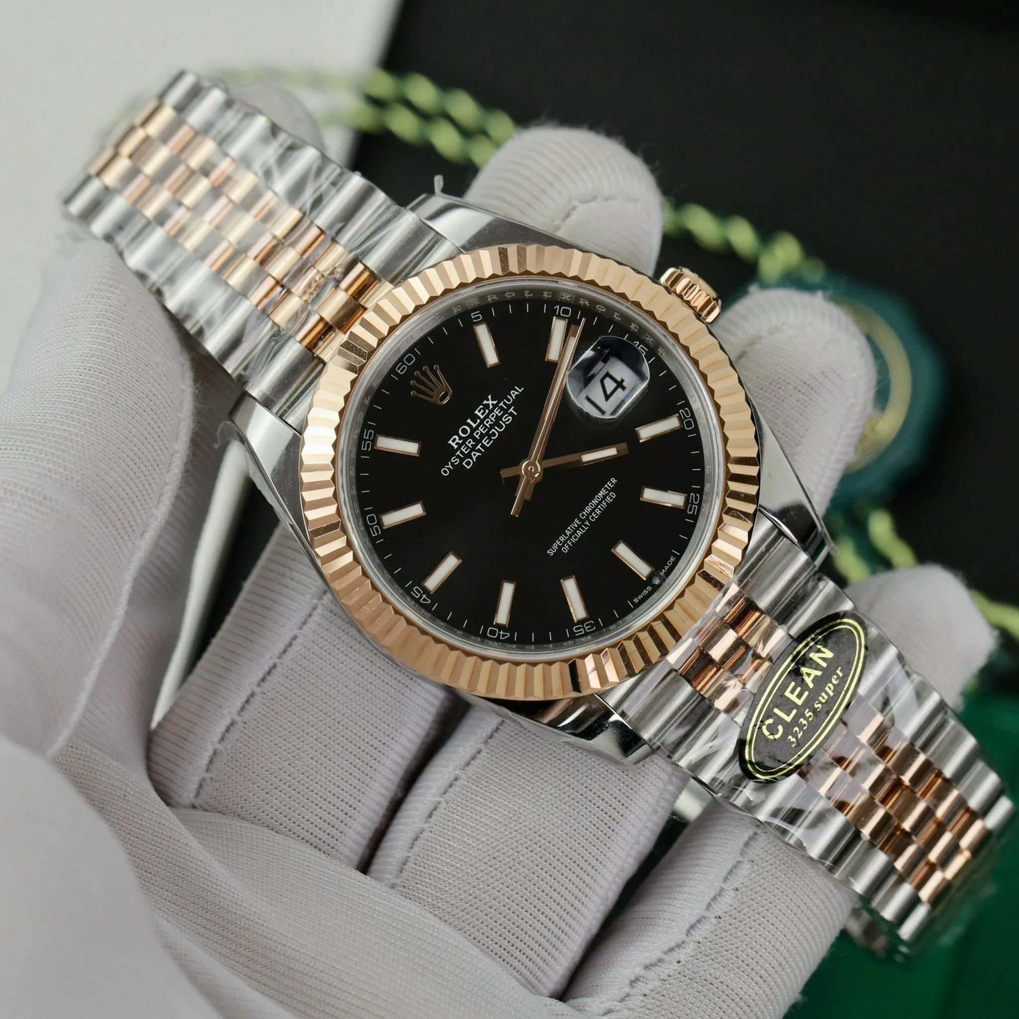 Replica Rolex Datejust Black Dial fluted Bezel Two Tone Jubilee Bracelet