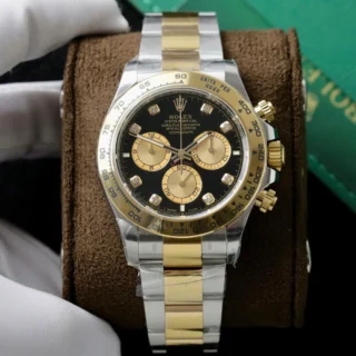 Replica Rolex Daytona Black Dial Gold Bezel Two Tone Oyster Bracelet