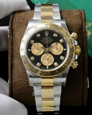 Replica Rolex Daytona Black Dial Gold Bezel Two Tone Oyster Bracelet