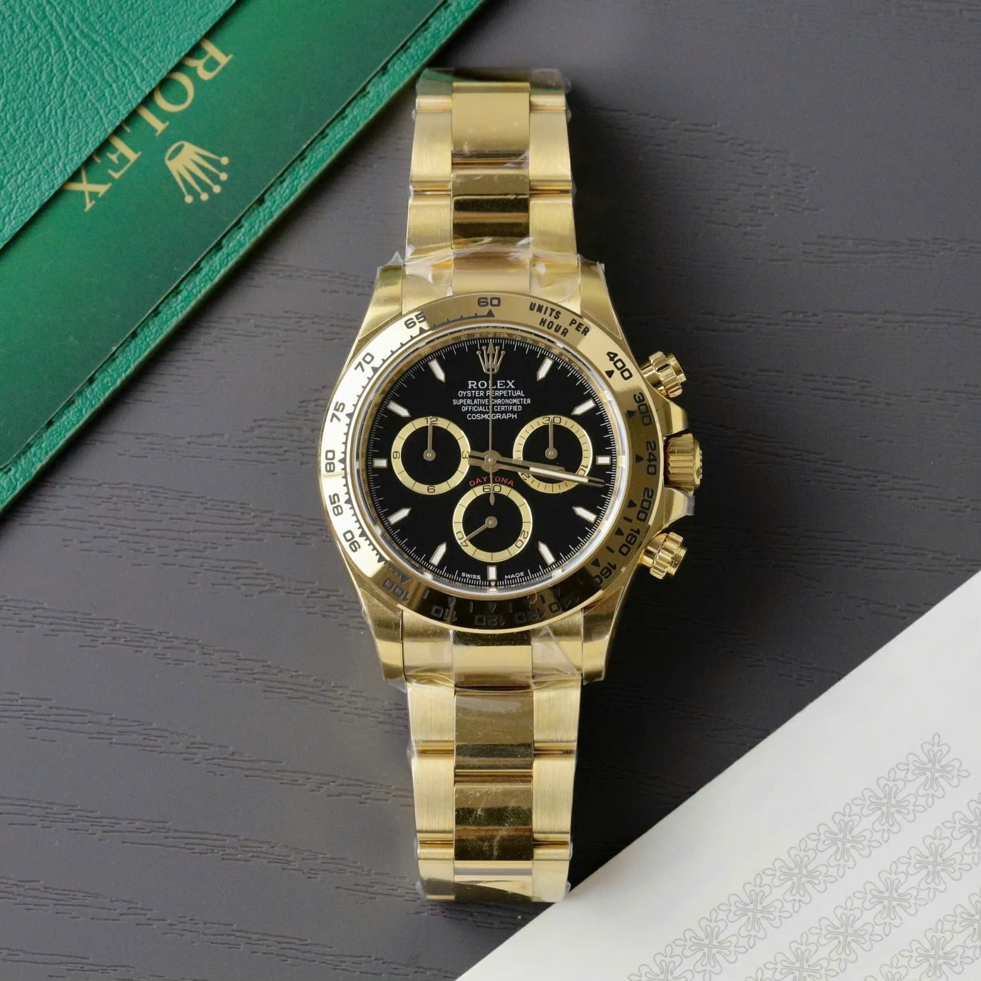 Replica Rolex Daytona Black Dial Gold Bezel Gold Case Oyster Bracelet