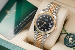 Replica Rolex Datejust Black Dial Diamond Numerals Jubilee Bracelet Two Toned