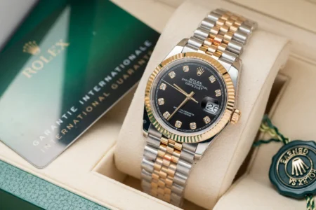 Replica Rolex Datejust Black Dial Diamond Numerals Jubilee Bracelet Two Toned