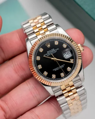Replica Rolex Datejust Black Dial Diamond Numerals Jubilee Bracelet Two Toned