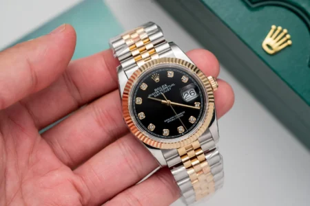 Replica Rolex Datejust Black Dial Diamond Numerals Jubilee Bracelet Two Toned