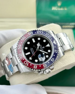 Replica Rolex GMT Master Pepsi Black Dial Blue and Red Bezel Oyster Bracelet