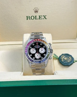 Replica Rolex Daytona Black dial Rainbow Bezel Oyster Bracelet