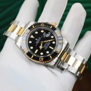 Replica Super Clone Submariner Black Dial Black Bezel Two Tone Oyster Bracelet