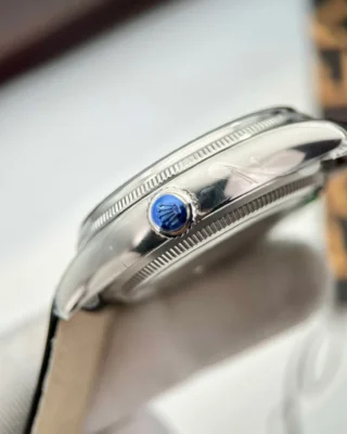 Replica Rolex Cellini Black Dial Steel Case Black Leather Strap