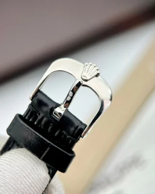 Replica Rolex Cellini Black Dial Steel Case Black Leather Strap