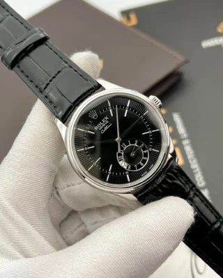 Replica Rolex Cellini Black Dial Steel Case Black Leather Strap