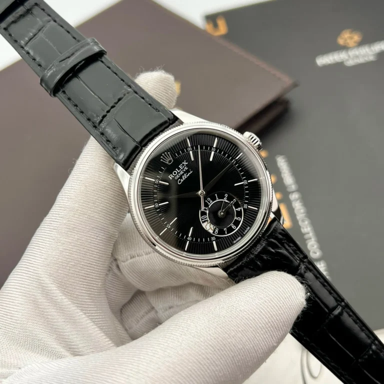 Replica Rolex Cellini Black Dial Steel Case Black Leather Strap