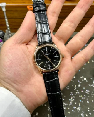 Replica Rolex Cellini Black Dial Gold Case Black Leather Strap