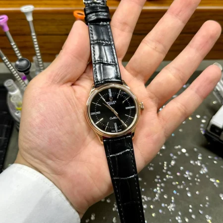 Replica Rolex Cellini Black Dial Gold Case Black Leather Strap