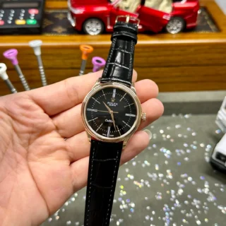 Replica Rolex Cellini Black Dial Gold Case Black Leather Strap