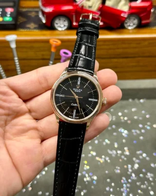 Replica Rolex Cellini Black Dial Gold Case Black Leather Strap