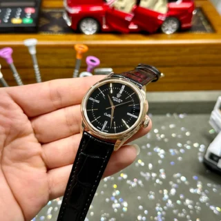 Replica Rolex Cellini Black Dial Gold Case Black Leather Strap