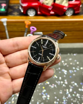 Replica Rolex Cellini Black Dial Gold Case Black Leather Strap