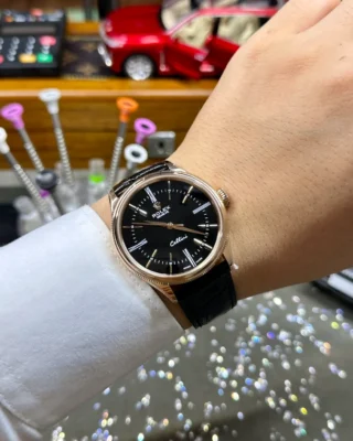 Replica Rolex Cellini Black Dial Gold Case Black Leather Strap