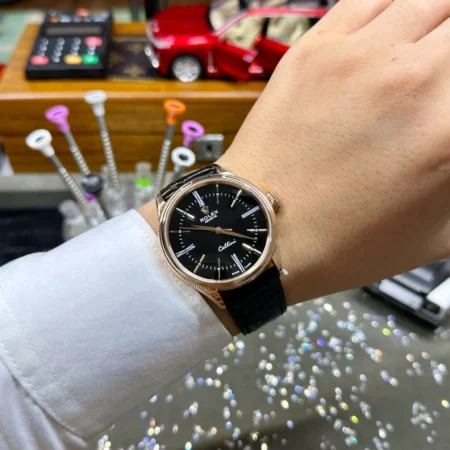 Replica Rolex Cellini Black Dial Gold Case Black Leather Strap