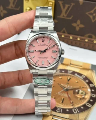 Replica Rolex Oyster Perpetual Pink Dial Smooth Bezel Oyster Bracelet