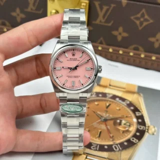 Replica Rolex Oyster Perpetual Pink Dial Smooth Bezel Oyster Bracelet