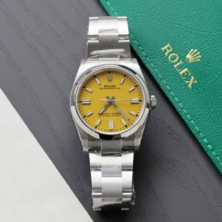 Replica Rolex Oyster Perpetual Yellow Dial Smooth Bezel Oyster Bracelet