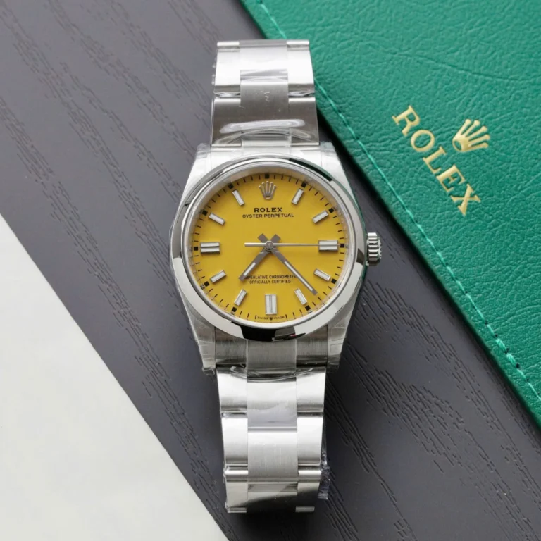 Replica Rolex Oyster Perpetual Yellow Dial Smooth Bezel Oyster Bracelet