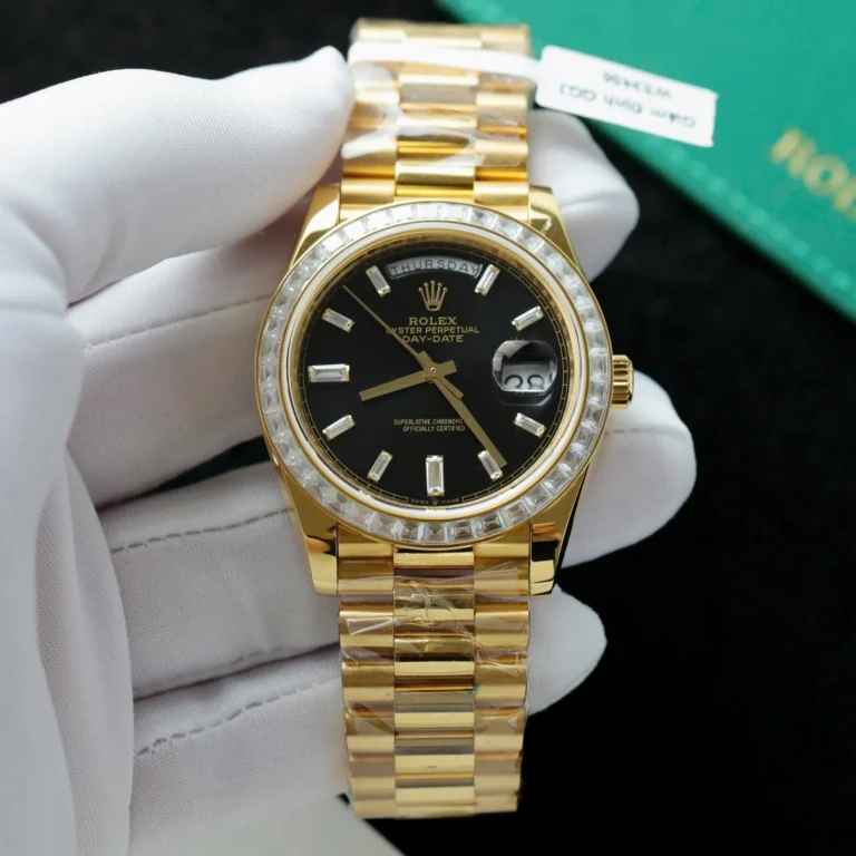 Replica Rolex Day Date Black Dial Diamond Bezel Presidential Bracelet