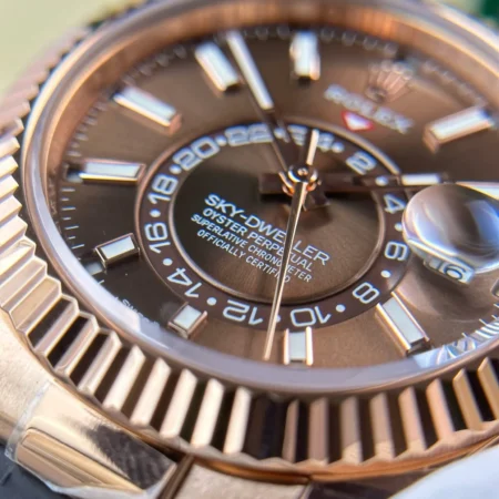 Replica Rolex Sky Dweller Chocolate Dial Rose Gold Case Oysterflex Bracelet