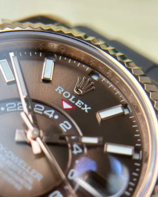 Replica Rolex Sky Dweller Chocolate Dial Rose Gold Case Oysterflex Bracelet