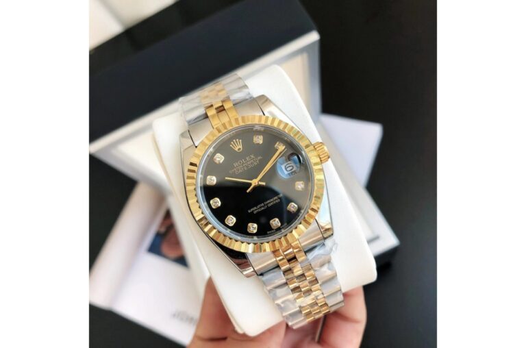 Replica Rolex Datejust RG/SS Jub Black/Dia Perspective View