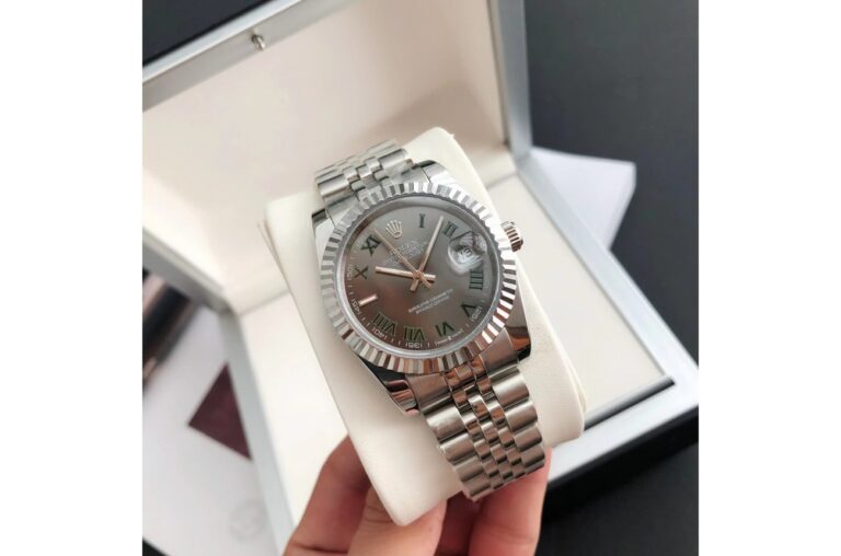 Replica Rolex Datejust SS/SS Jub Grey/Rmn Perspective View
