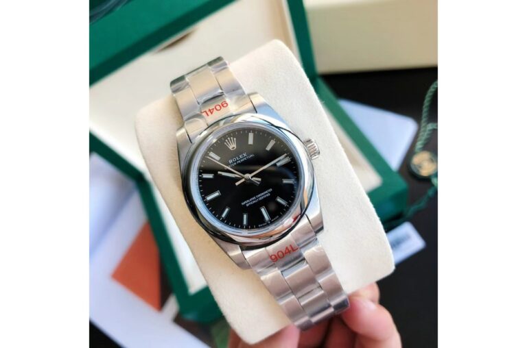 Replica Rolex Oyster Perpetual SS/SS Black/Stk Perspective View