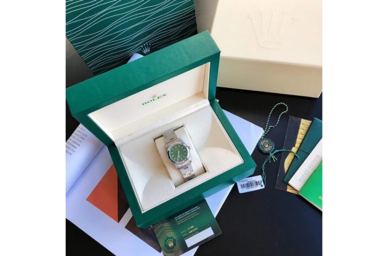 Replica Rolex Oyster Perpetual SS/SS Green/Stk Angle Detail