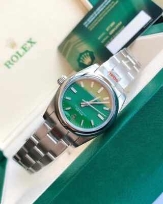 Replica Rolex Oyster Perpetual SS/SS Green/Stk Profile Shot