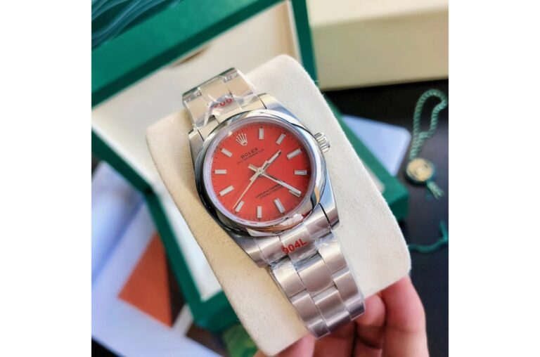 Replica Rolex Oyster Perpetual SS/SS Red/Stk Perspective View