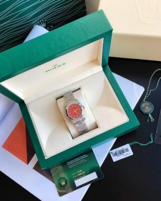 Replica Rolex Oyster Perpetual SS/SS Red/Stk Angle Detail