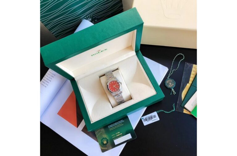 Replica Rolex Oyster Perpetual SS/SS Red/Stk Angle Detail