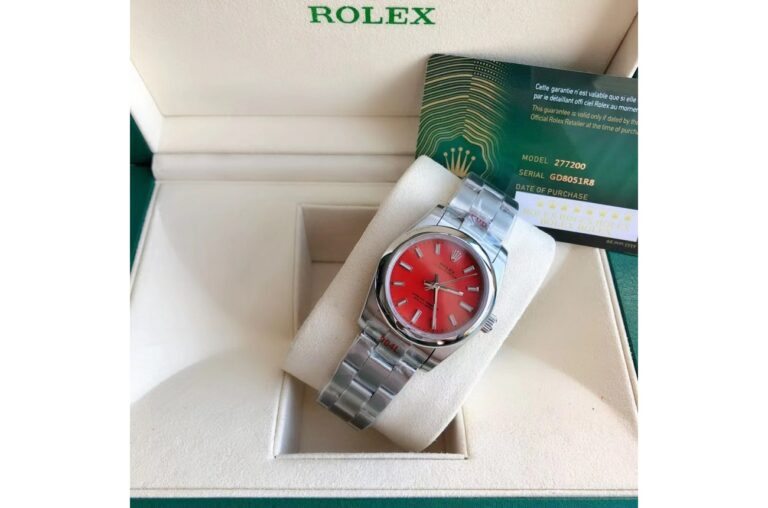 Replica Rolex Oyster Perpetual SS/SS Red/Stk Close-Up Focus