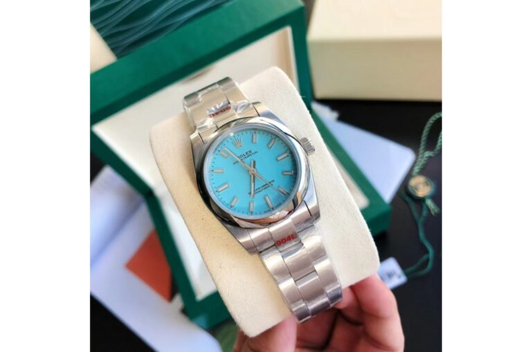 Replica Rolex Oyster Perpetual SS/SS Tiffany Blue/Stk Perspective View