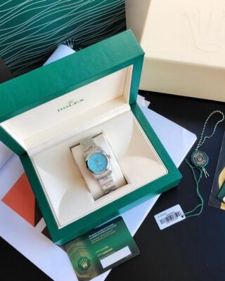 Replica Rolex Oyster Perpetual SS/SS Tiffany Blue/Stk Angle Detail