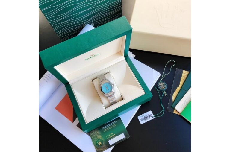 Replica Rolex Oyster Perpetual SS/SS Tiffany Blue/Stk Angle Detail