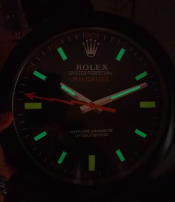 Replica ROLEX WALL CLOCK – MILGAUSS BLACK/ORANGE Close-Up Focus
