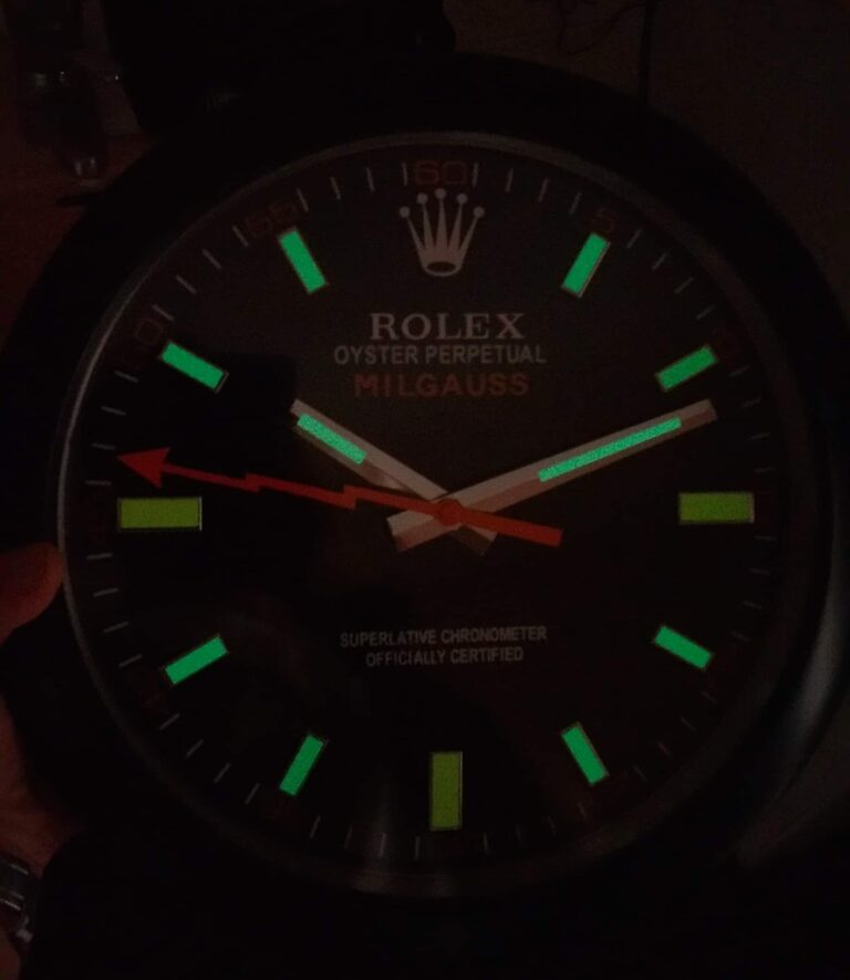 Replica ROLEX WALL CLOCK – MILGAUSS BLACK/ORANGE Close-Up Focus